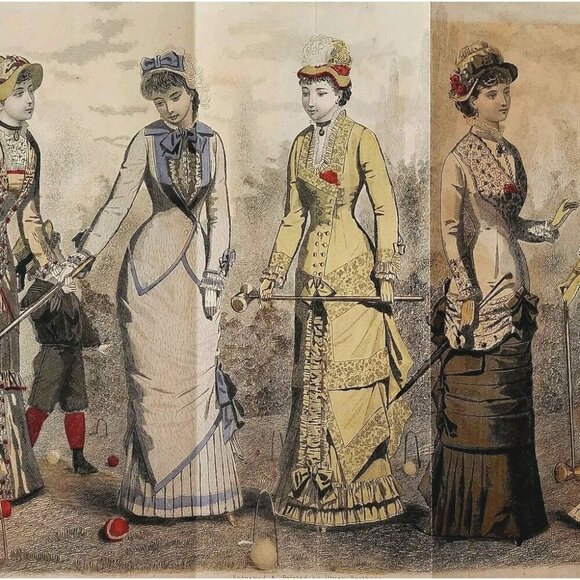 1881 The Croquet Party Hand Colored Engraving Victorian Women's Fashion DWQQ21 - Picture 1 of 2